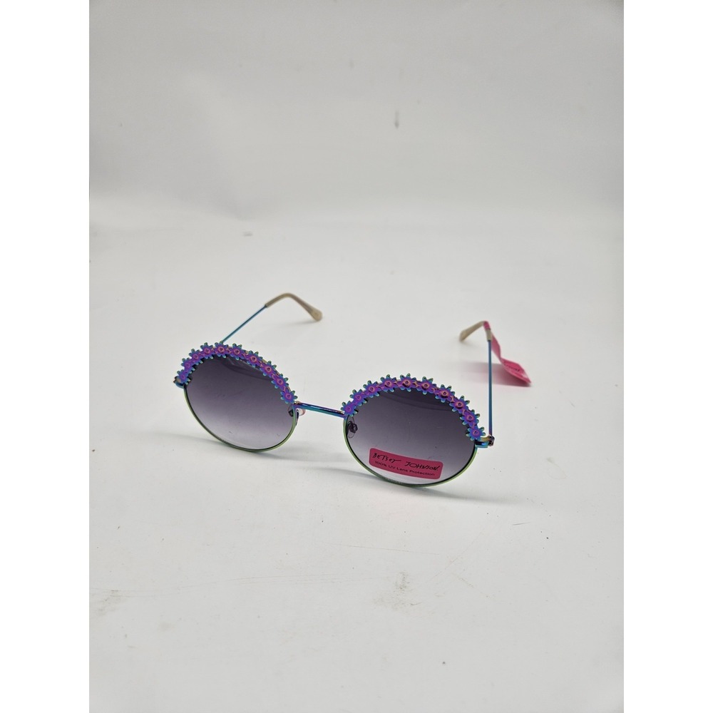 Betsey Johnson Round Sunglasses Pink/Blue Metallic Flowers Festival 70s Style